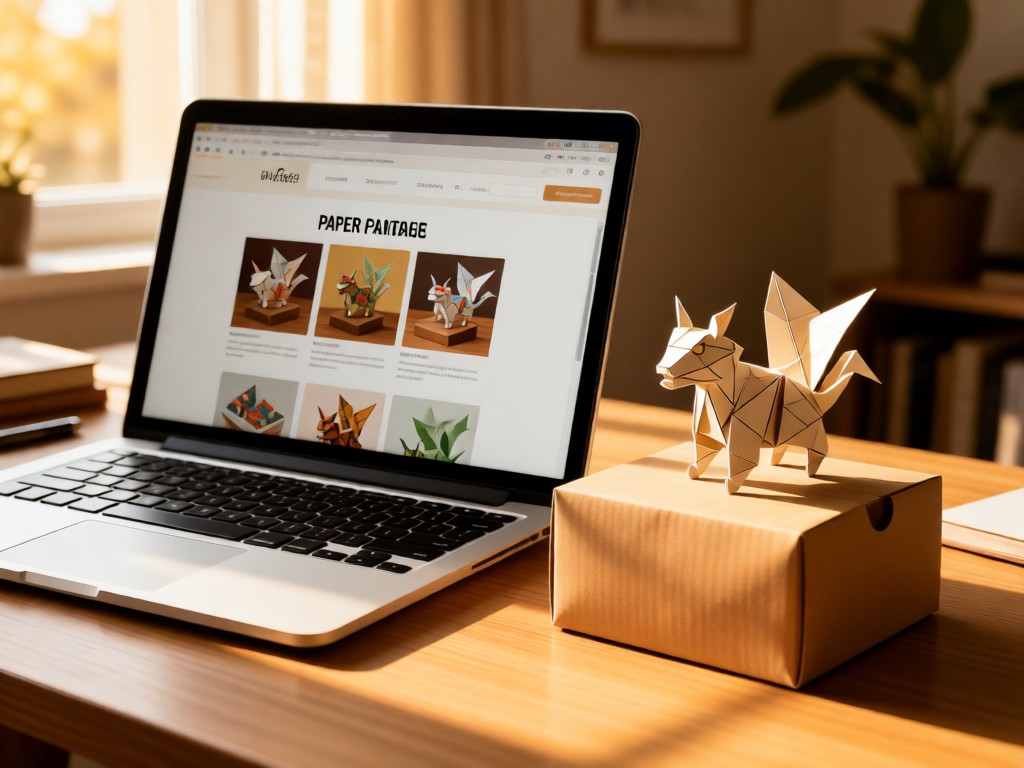 An open laptop showing a paper art store page. Beside it, a miniature paper sculpture sits atop kraft packaging. Warm afternoon light creates cozy workspace ambiance. No people.