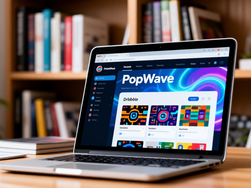 Laptop displaying a PopWave portfolio with embedded Dribbble gallery. Shallow depth of field focuses on screen, blurred background shows design books on a shelf.