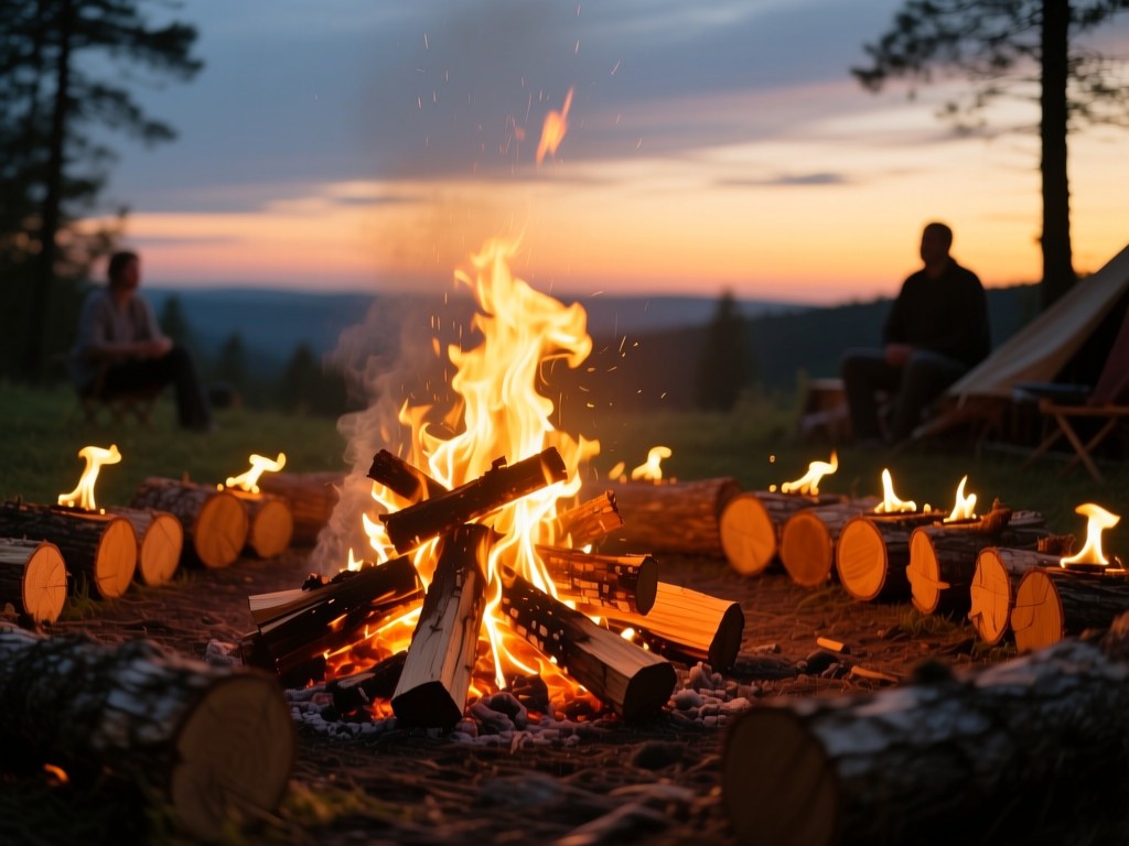A campfire with multiple logs arranged like episode timelines during golden hour, flames symbolizing audience engagement, warm glow against twilight sky, no people.