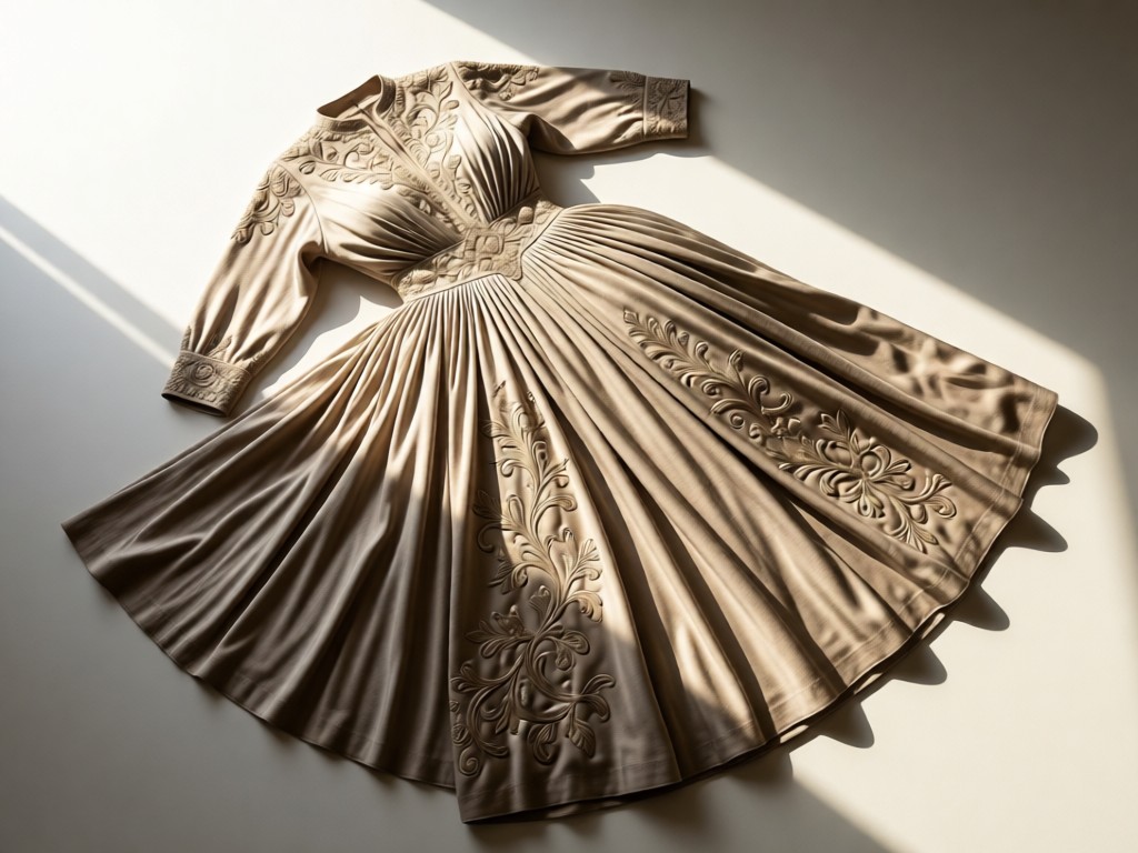 An overhead shot of a beautifully draped plus size garment on a clean surface. Soft directional light emphasizes fabric texture and design details. Symbolizes focus and craftsmanship. No people.