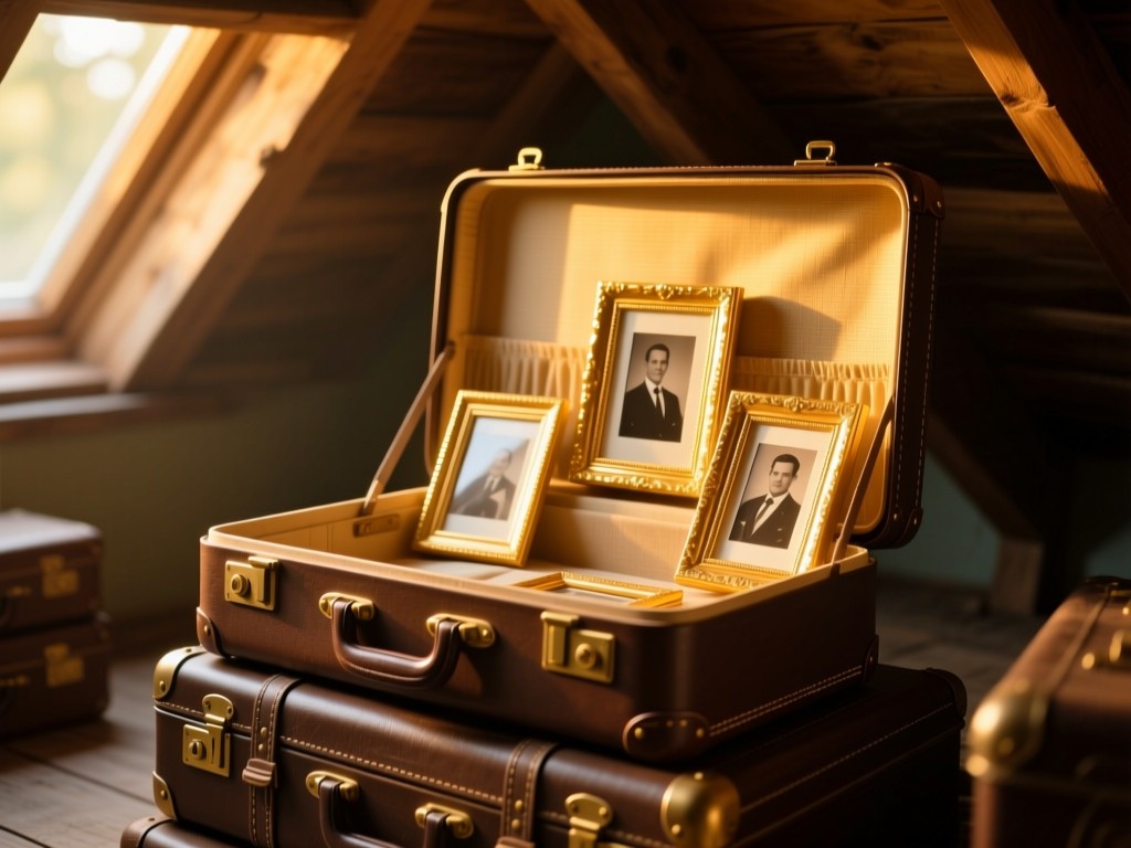 Stacked vintage suitcases opening to reveal glowing digital photo frames inside, golden hour lighting in an attic setting, warm nostalgic atmosphere, shallow focus.
