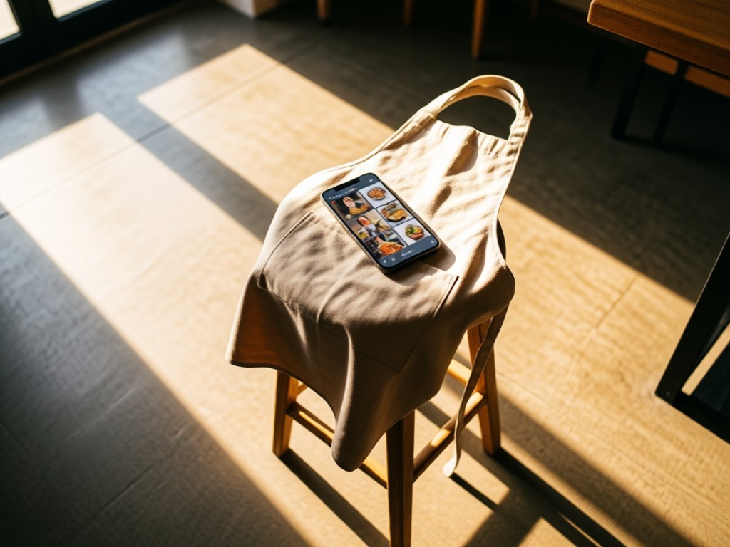 Chef's apron draped over a stool with smartphone displaying a cooking video thumbnail. Soft afternoon light creates long shadows across polished concrete floors. Warm, inviting atmosphere. No people.