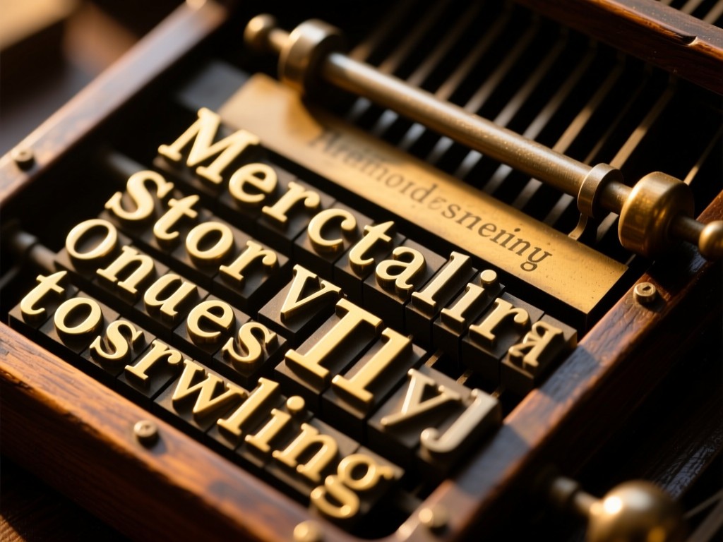 An aerial shot of a vintage pressman's composing stick with elegant metal type arranged for a headline. Golden hour light highlights the letters against dark wood. Symbolizes precision storytelling.