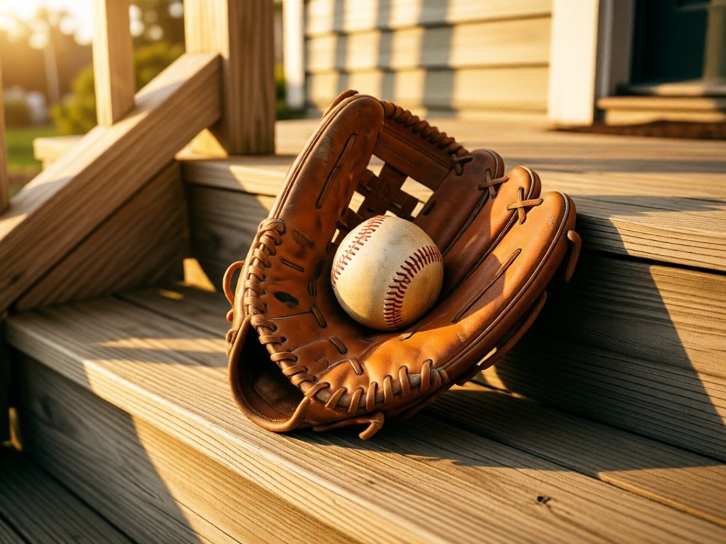 A well-worn baseball glove resting on a sun-drenched porch step. A single baseball sits in the pocket. Represents legacy and moments. Golden hour lighting. No people.
