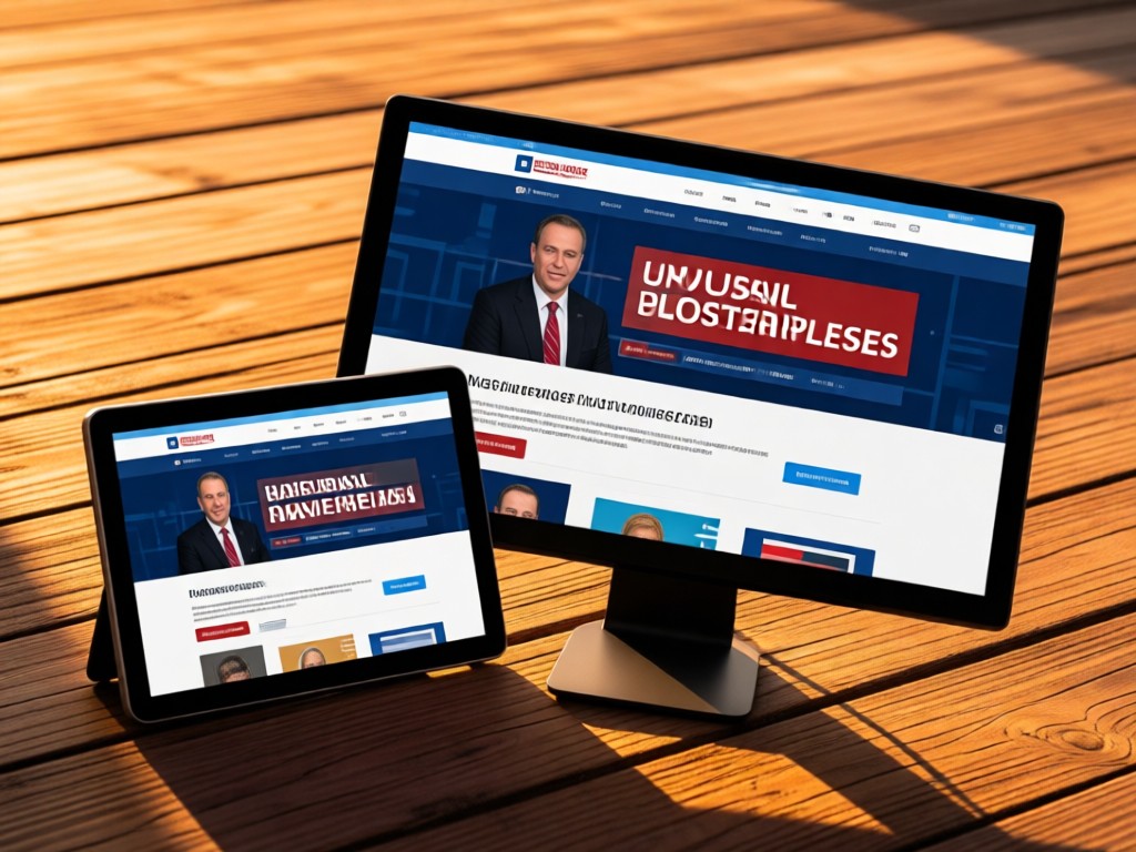 Three differently sized screens displaying the same political commentary site in golden hour. Arranged diagonally on a rustic wood surface with soft shadows. No people.