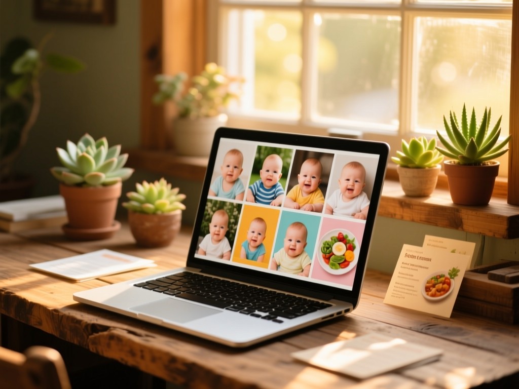 A rustic wooden desk at golden hour, open laptop displaying colorful collage of baby photos and recipe cards, soft sunlight filtering through window, succulents nearby, warm natural lighting, shallow depth of field.