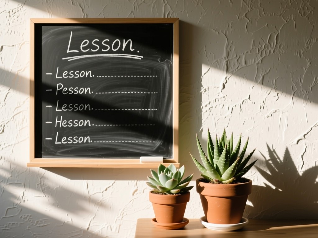 Chalkboard with neatly written lesson headings beside potted succulents. Morning light creates clean shadows on textured wall. Minimalist and focused. No people.