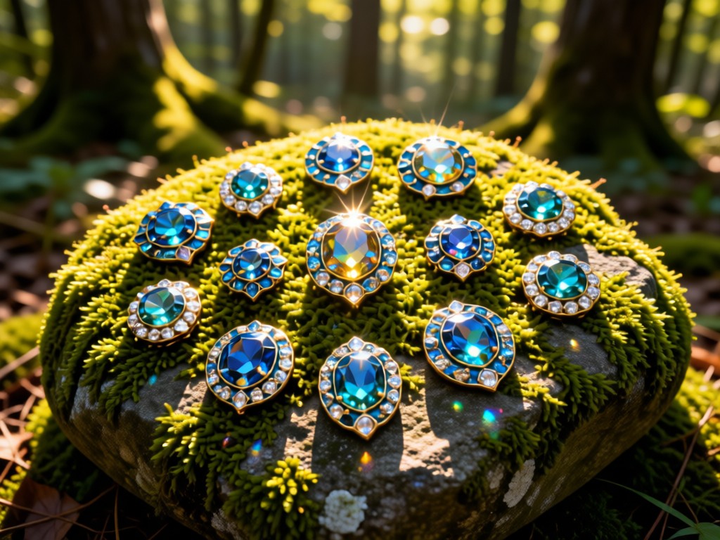 Aerial view of rare enamel pins arranged like jewels on moss-covered stone. Sunlight creates jewel-like reflections. Symbolizes value and discovery. Natural woodland backdrop. No people.