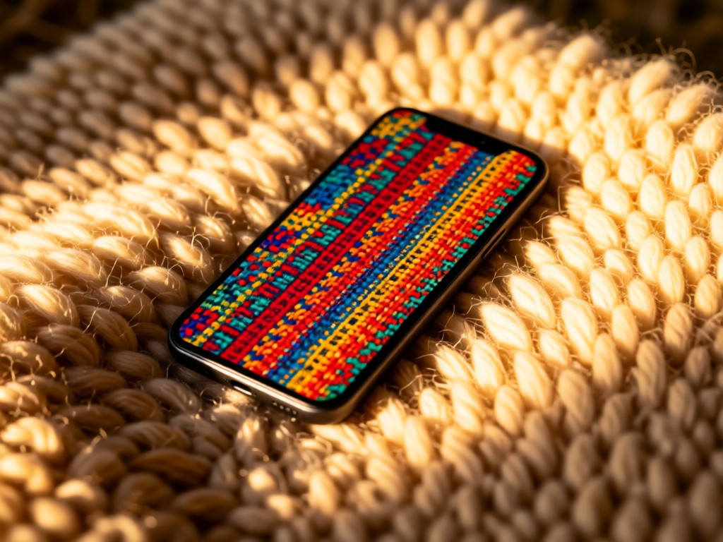 A smartphone displaying vibrant textile patterns resting on raw alpaca wool. Soft shadows and golden hour lighting. Minimalist composition. No people.