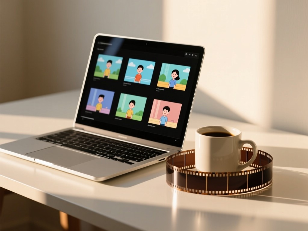 A minimalist desk with an open laptop displaying looping animation frames. Beside it, a vintage filmstrip coils around a coffee mug. Soft afternoon light creates warm reflections. No people.
