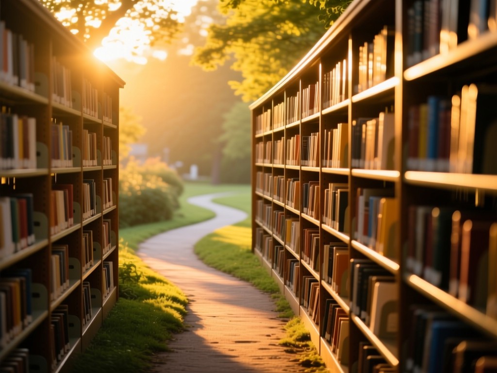 A winding path through sunlit bookshelves in a library during golden hour, soft warm lighting, vibrant colors, symbolic of knowledge discovery, shallow depth of field, no people.