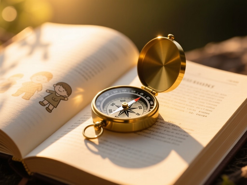 A compass on an open parenting journal at golden hour, sunlight illuminating the page. Soft shadows, warm natural lighting, shallow depth of field, symbolic of guidance and discovery.