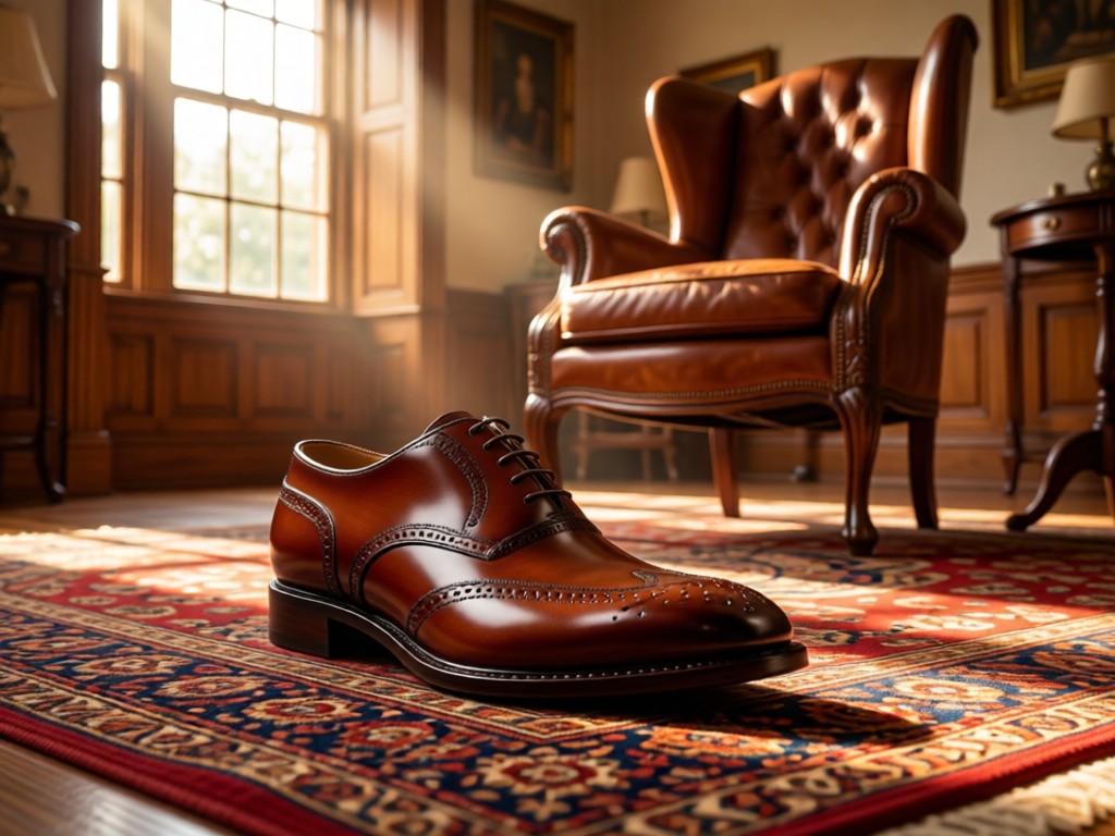 A single, polished Oxford brogue resting on a Persian rug near a wingback chair. Sunlight streams through tall windows. Warm wood and leather tones. No people.