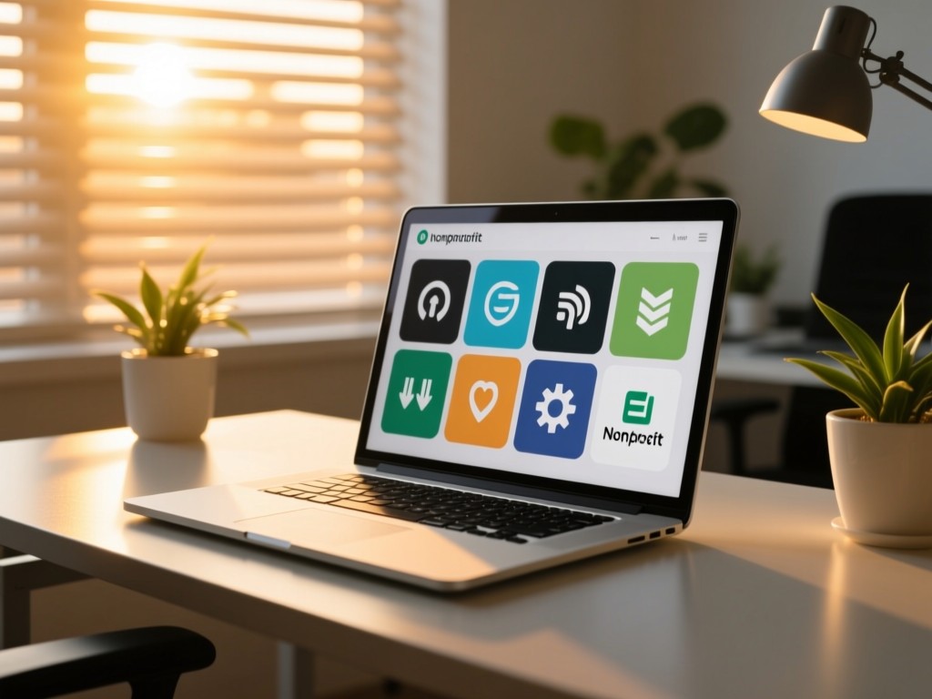 A sleek laptop on a modern desk during golden hour, screen showing organized content tiles with nonprofit/social impact icons, warm sunlight filtering through blinds, minimalist office plants, shallow depth of field, no people.