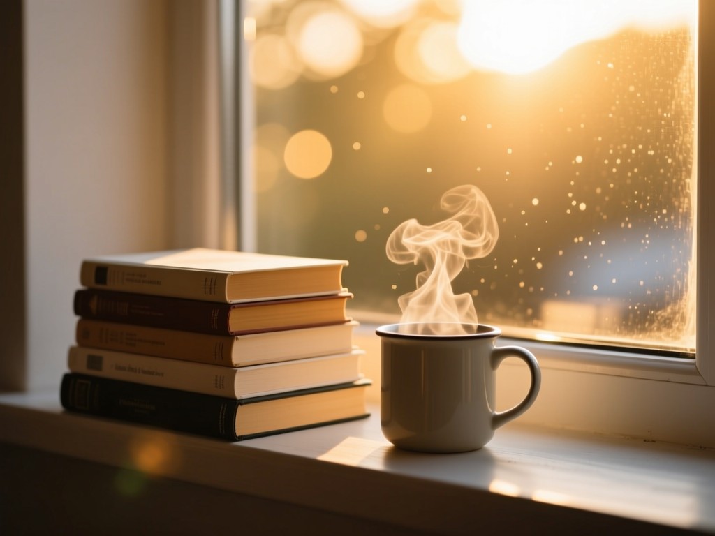 Stacked books and a steaming mug on a windowsill during golden hour, sunlight illuminating dust motes, minimalist composition, warm bokeh background.