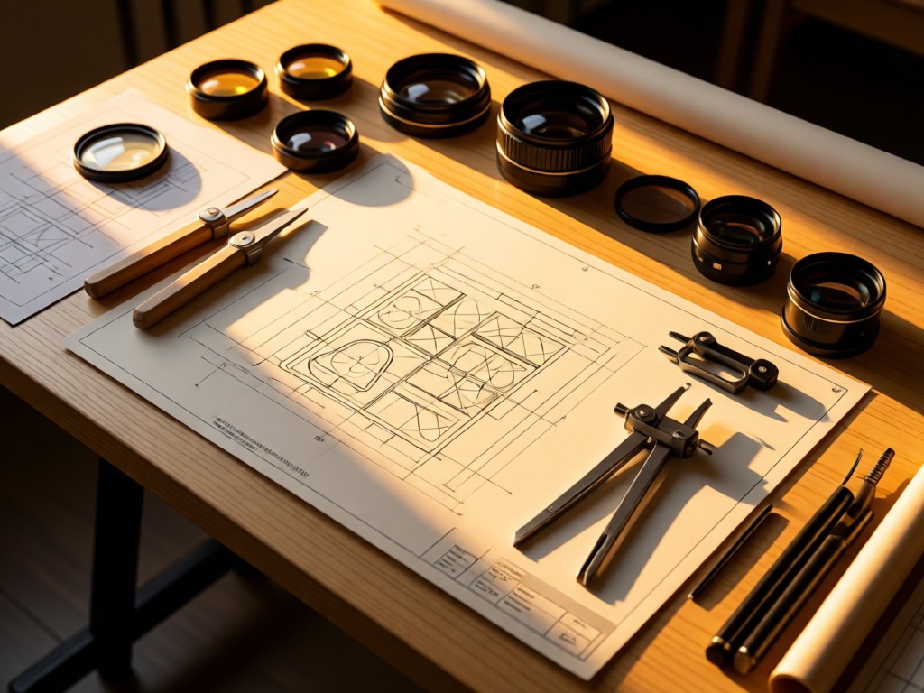 Overhead shot of a drafting table with precise lighting diagrams and lens filters arranged neatly. Golden hour light highlights the precision tools. Crisp technical aesthetic. No people.