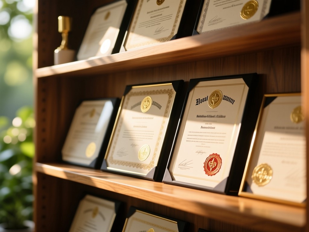 Neatly arranged medical diplomas and certificates on a wooden shelf. Warm sunlight highlights the embossed seals. Background features blurred greenery. No people.