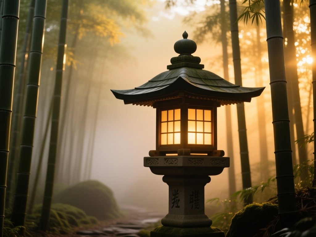 A traditional Japanese lantern glowing softly in a bamboo forest during golden hour, casting warm light patterns, symbolizing visibility and discovery, misty atmosphere, no people.