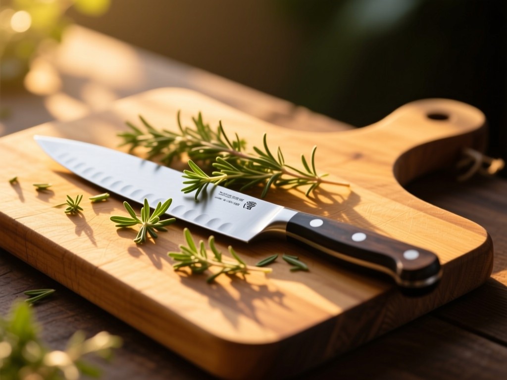 A rustic wooden cutting board at golden hour, topped with a chef's knife and scattered herbs, soft sunlight illuminating the scene, shallow depth of field, warm natural tones, no people.