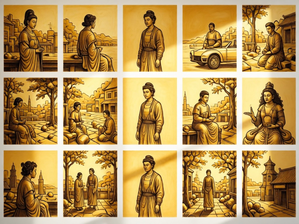 Detailed penney artworks arranged in a clean grid on a lightbox. Soft daylight highlights textures. Minimalist composition with ample negative space. Warm golden tones. No people.