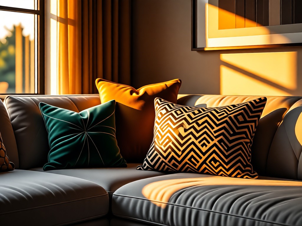 Stylish living room corner with throw pillows arranged on a sofa. Golden hour light through window highlights textures. Focus on decor, no visible people.