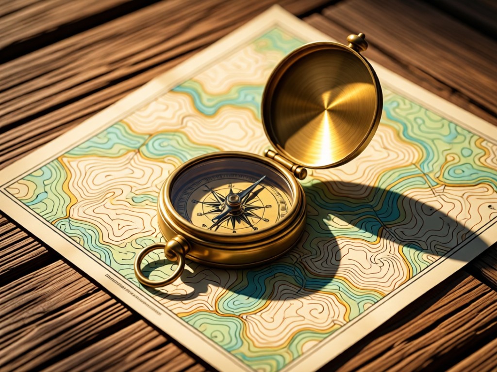 A vintage compass resting on a topographic map spread over rough-hewn wood. Sunlight highlights the brass details and map contours. Warm, earthy tones. No people.