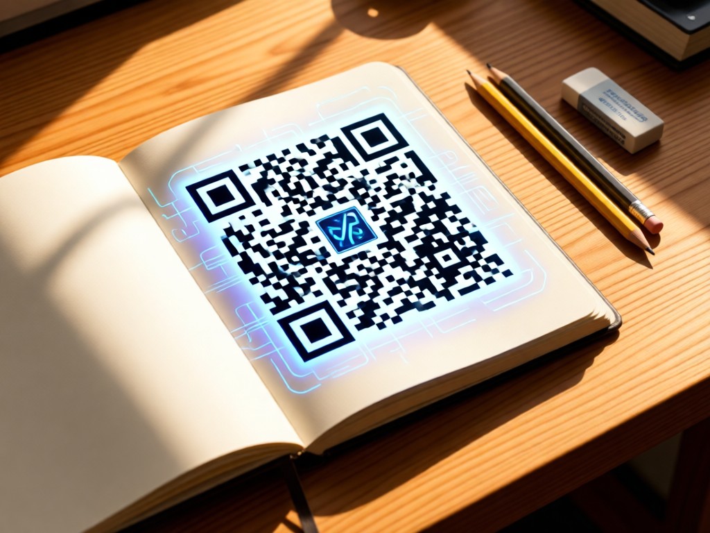 Overhead shot of open sketchbook with embedded QR code drawing. Pencils and eraser rest nearby on a sunlit wooden desk. Natural textures with digital integration. No people.