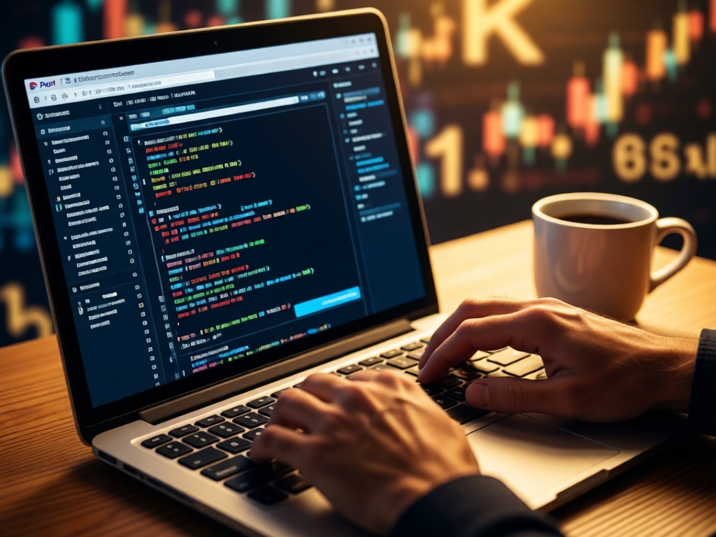 Close-up of hands typing on a laptop keyboard showing a PayPal developer dashboard. Warm light highlights coding interface and coffee mug. Blurred background of financial symbols.