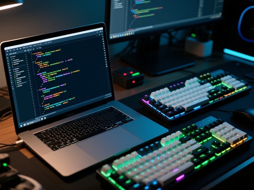 An open laptop showing clean code on a dark IDE. Beside it, a mechanical keyboard with backlit keys in a dimly lit workspace. Focus on technology tools.