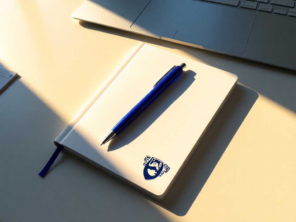 Aerial view of a single blue pen resting diagonally on a white notebook with the Penn State seal. Late afternoon sun creates long shadows across a clean desk surface. No people.