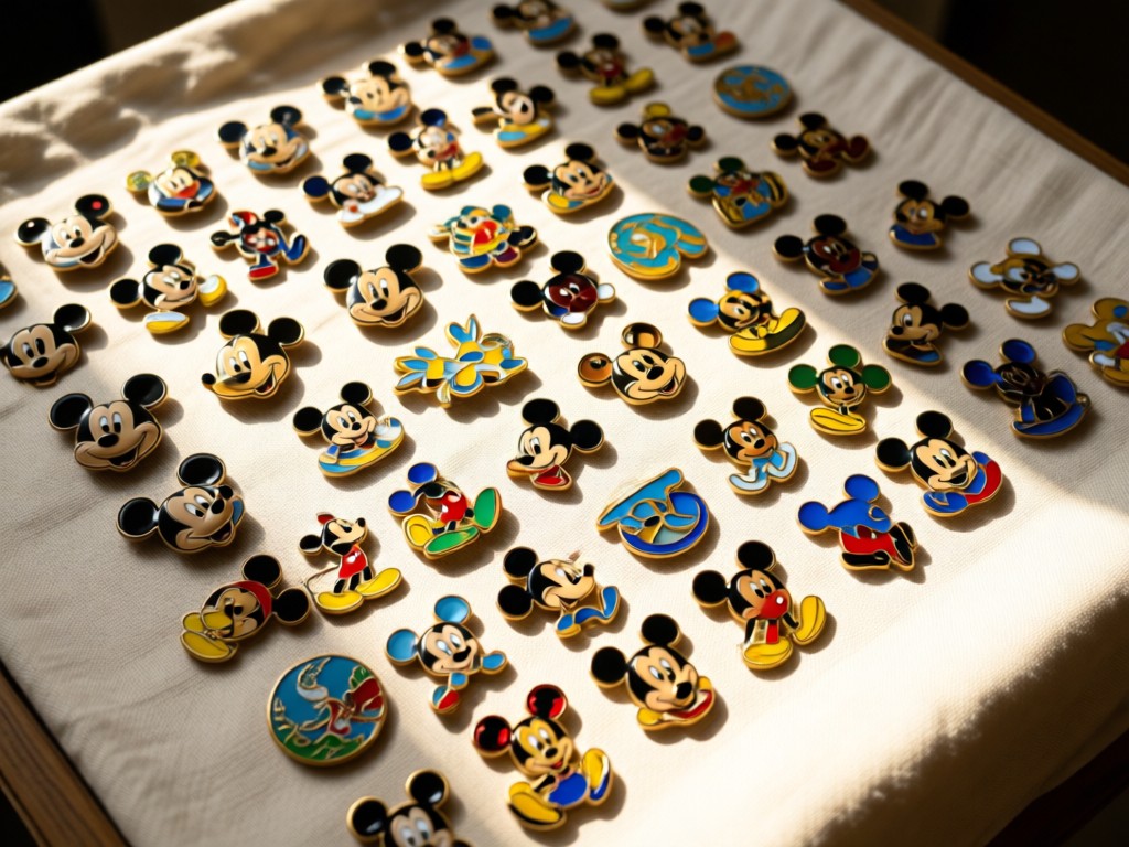 Overhead shot of a curated display: vintage Disney pins arranged in neat rows on a cream linen cloth. Sunlight highlights enamel colors while leaving soft shadows. No people.