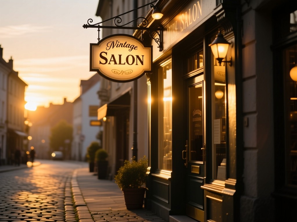 A vintage salon sign glowing softly at dusk, hanging above an inviting door, warm light spilling onto cobblestone street, shallow depth of field, golden hour atmosphere, no visible people.