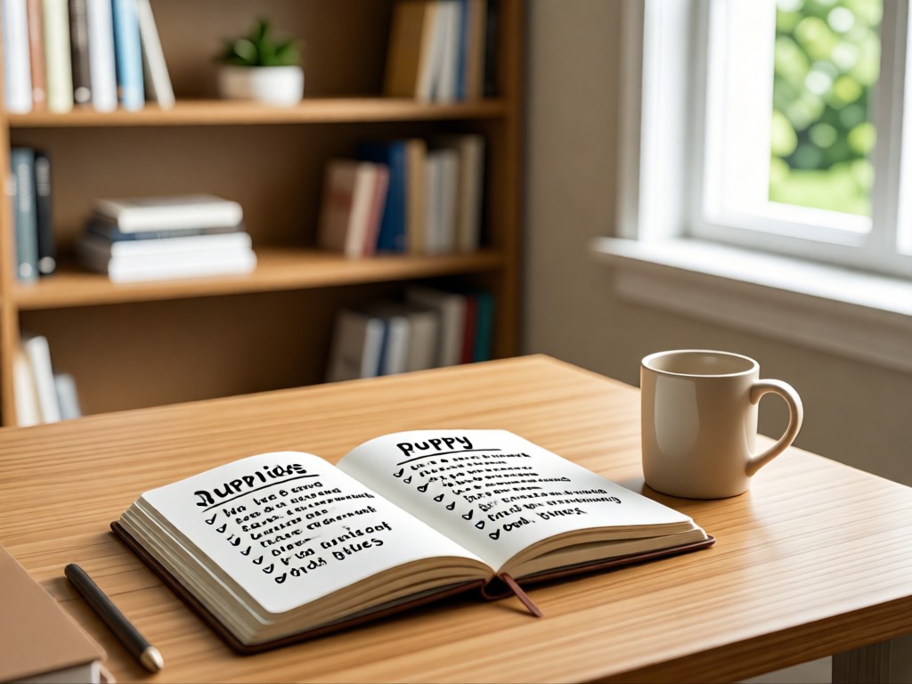 Minimalist desk with open notebook listing puppy services. Coffee mug nearby. Soft focus on bookshelf background. Natural light from window. Organized and inviting. No people.