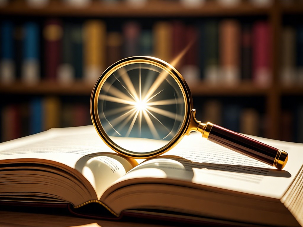 A magnifying glass resting on an open book. Sunlight creates lens flares on the page. The background shows a blurred library shelf. Focus on discovery. No people.