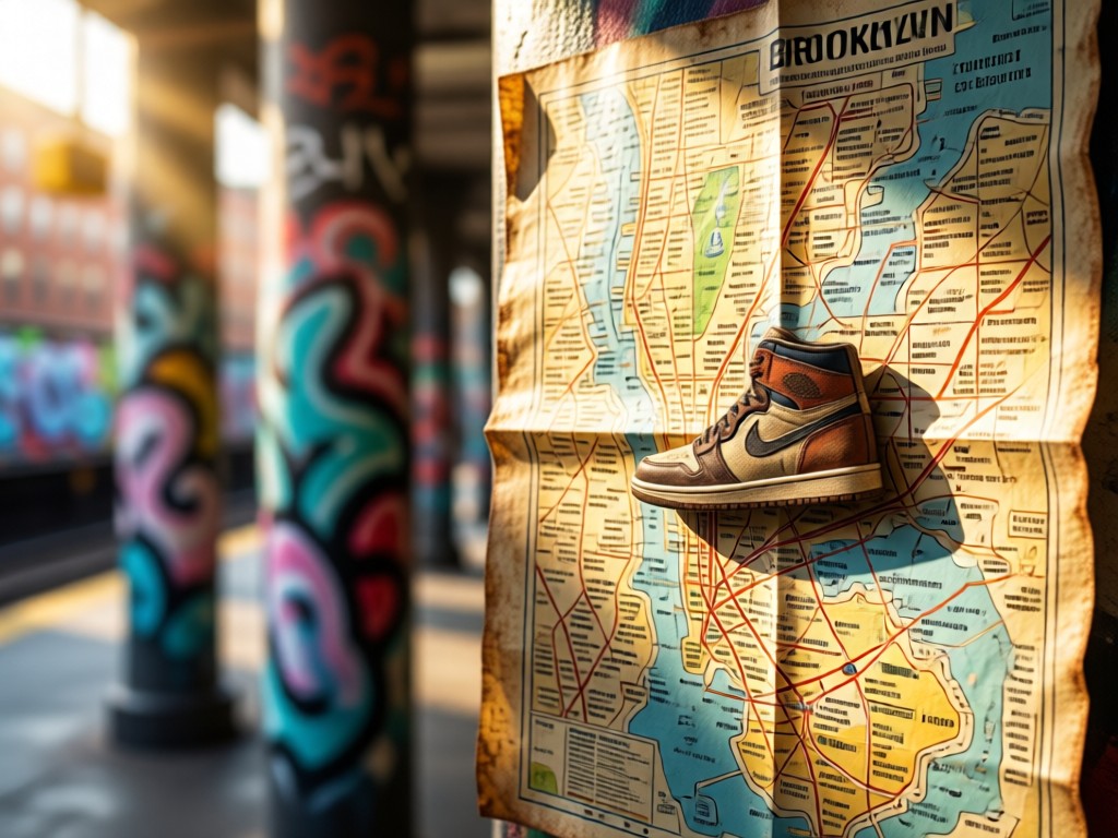 A well-worn subway map of NYC with a vintage sneaker pin marking Brooklyn. Soft focus on graffiti-covered pillars in background, sunbeam highlighting the map.