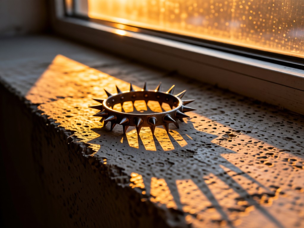 A single spiked bracelet on a concrete windowsill at sunset. Long shadows stretch across textured surface while golden light hits the metal. Symbolizes raw individuality. No people.