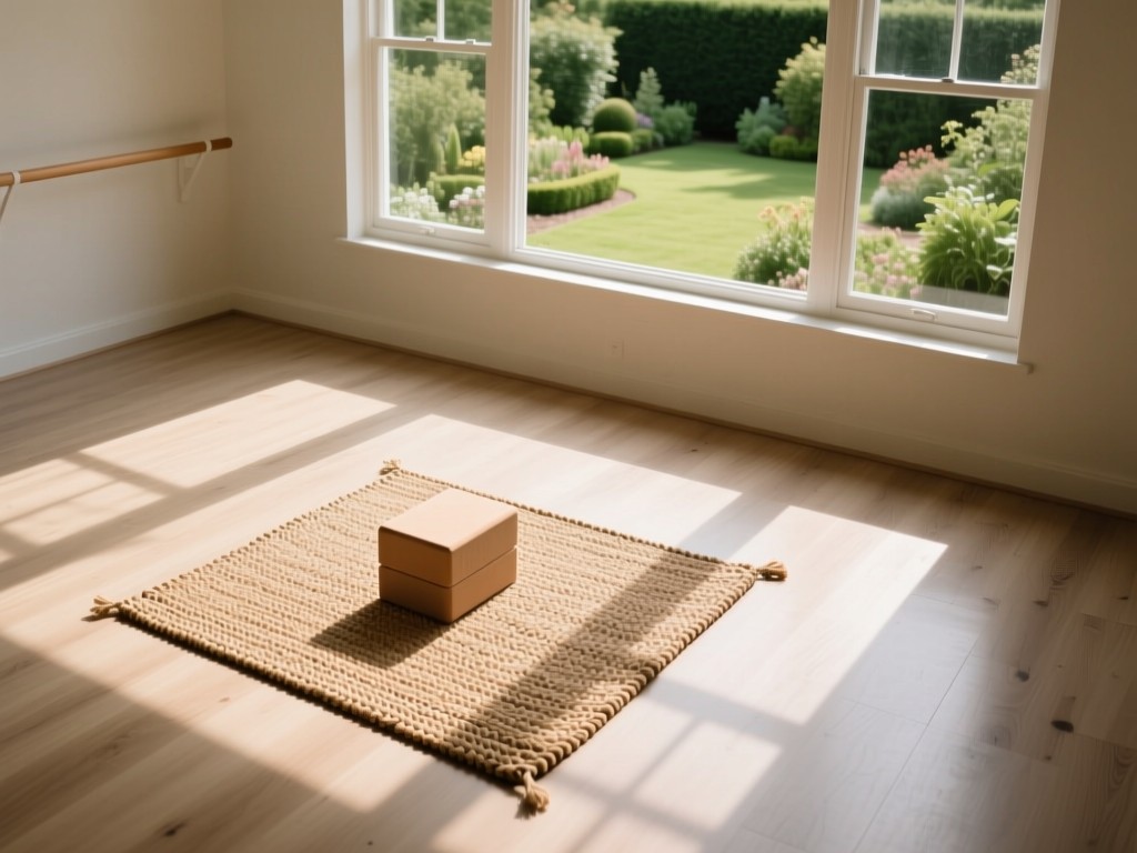 An aerial view of a single yoga block centered on a woven rug in an empty, sunlit studio. Large windows show a garden outside. Symbolizes focus and having essential tools in one serene space. No people.