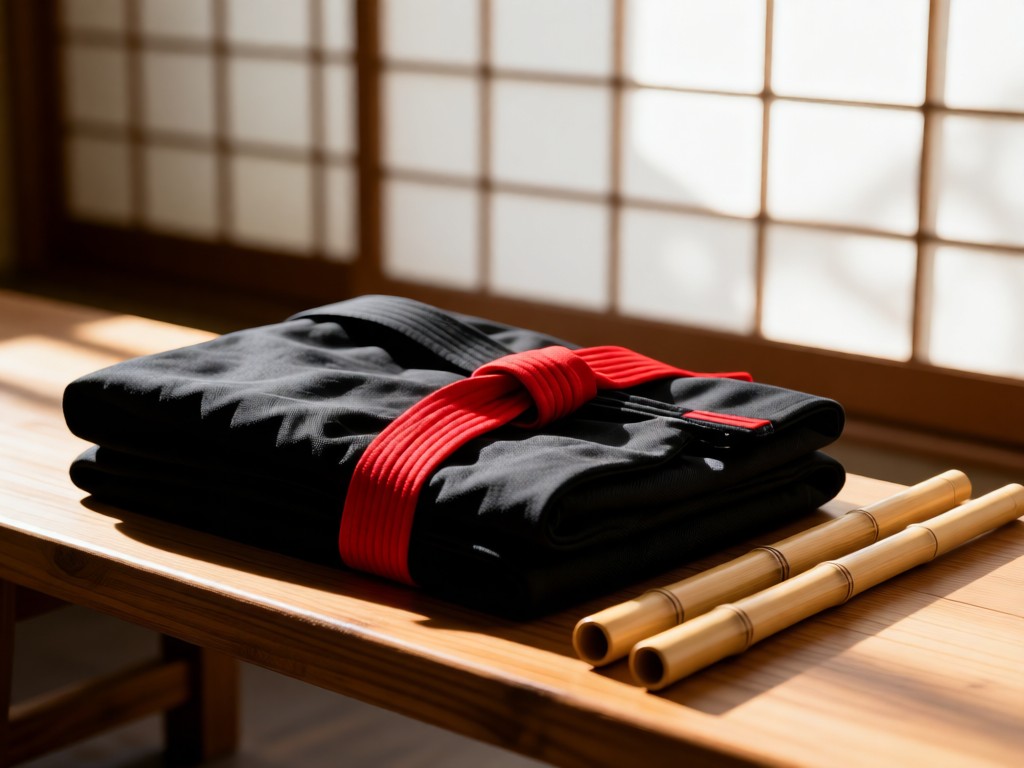 A neatly folded black gi with red obi belt placed beside bamboo nunchaku. Soft window light highlights the fabric texture on a wooden bench. Background features blurred shoji screens. No people.