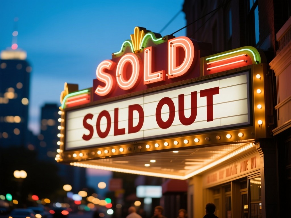 An elegant marquee sign glowing at dusk, blurred city lights in background, shallow focus on 'SOLD OUT' text, warm neon hues against twilight blue, no visible people.