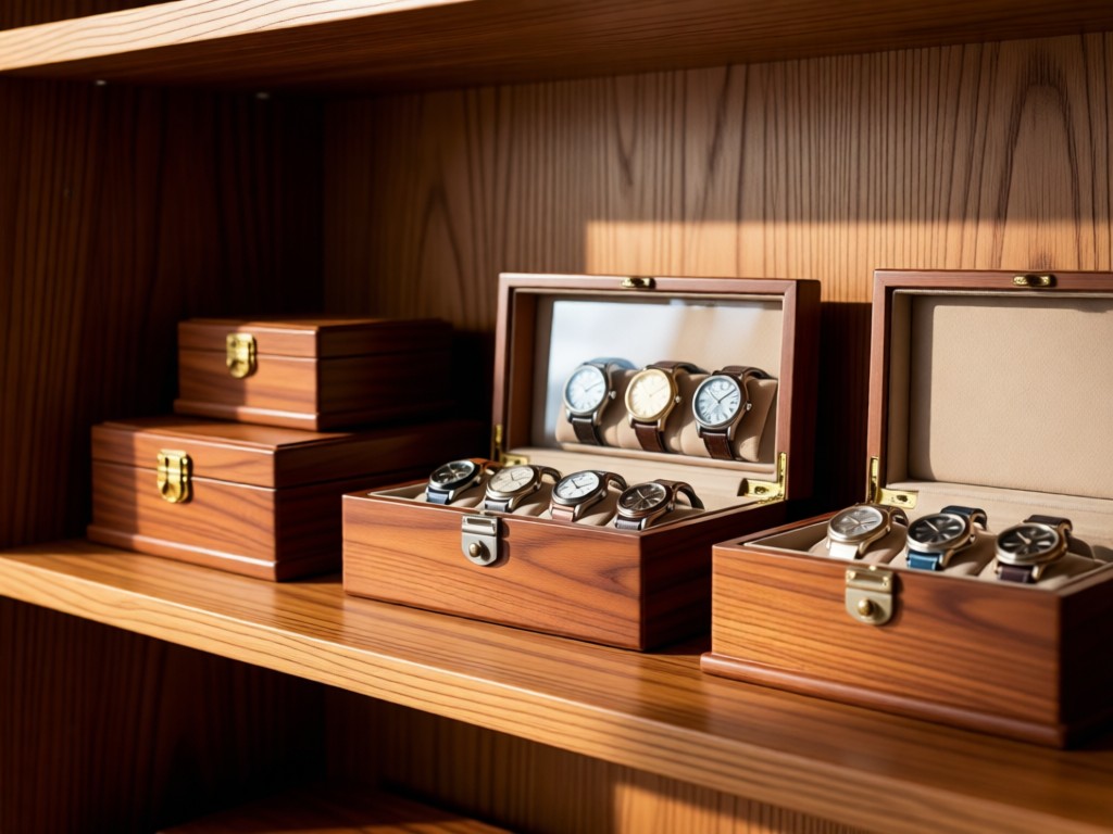 Neatly arranged vintage watch boxes on a cedar shelf. Soft shadows create texture. Warm wood tones contrast with metal cases. No people.