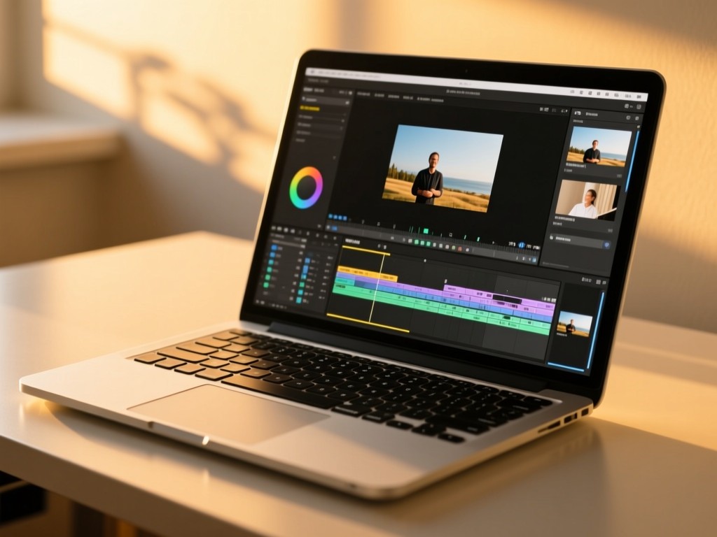 A sleek laptop on a minimalist desk during golden hour, screen displaying organized editing presets and tutorial thumbnails, warm sunlight highlighting keyboard textures, shallow depth of field, no visible text.