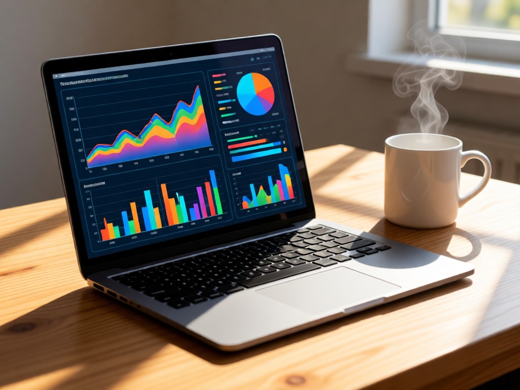 A sleek laptop showing colorful analytics charts beside a steaming white mug. Morning light creates clean shadows on a wooden desk. Focus on data visualization tools.