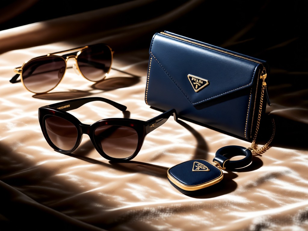 An artfully arranged display of Prada accessories: sunglasses, wallet and keychain on a velvet backdrop. Soft directional lighting creates elegant shadows. No people.