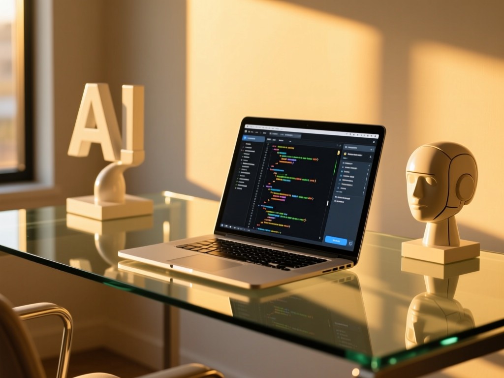 A modern glass desk at golden hour featuring an open laptop showing organized code repositories, sunlight reflecting off a minimalist AI-themed sculpture, shallow depth of field, warm tones, no people.