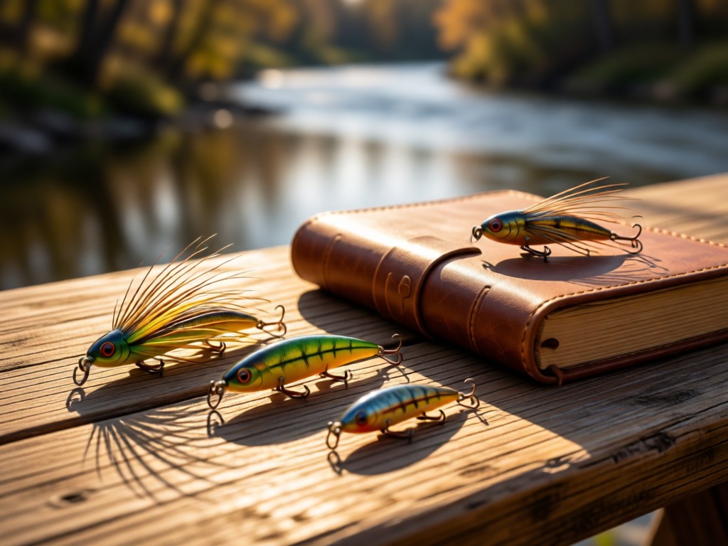Artistic arrangement of fly fishing lures on weathered wood beside a leather-bound journal. Soft directional light creates long shadows. River backdrop blurred. Warm earthy tones.