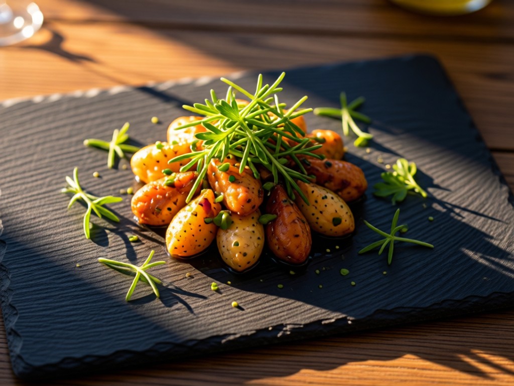 Overhead shot of an artfully plated dish on a slate board. Fresh herbs garnish the meal. Soft shadows from golden hour light. No people.