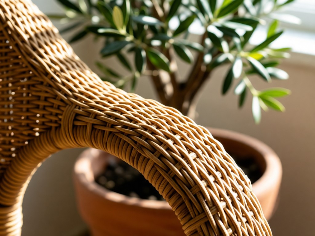 Macro shot of woven wicker texture on a chair arm. Natural light reveals intricate patterns with a soft-focus potted olive tree behind. No people.