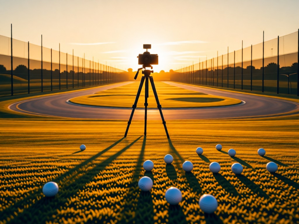 High-speed camera mounted on tripod facing empty driving range at golden hour. Golf balls scattered in foreground with long shadows. No people.