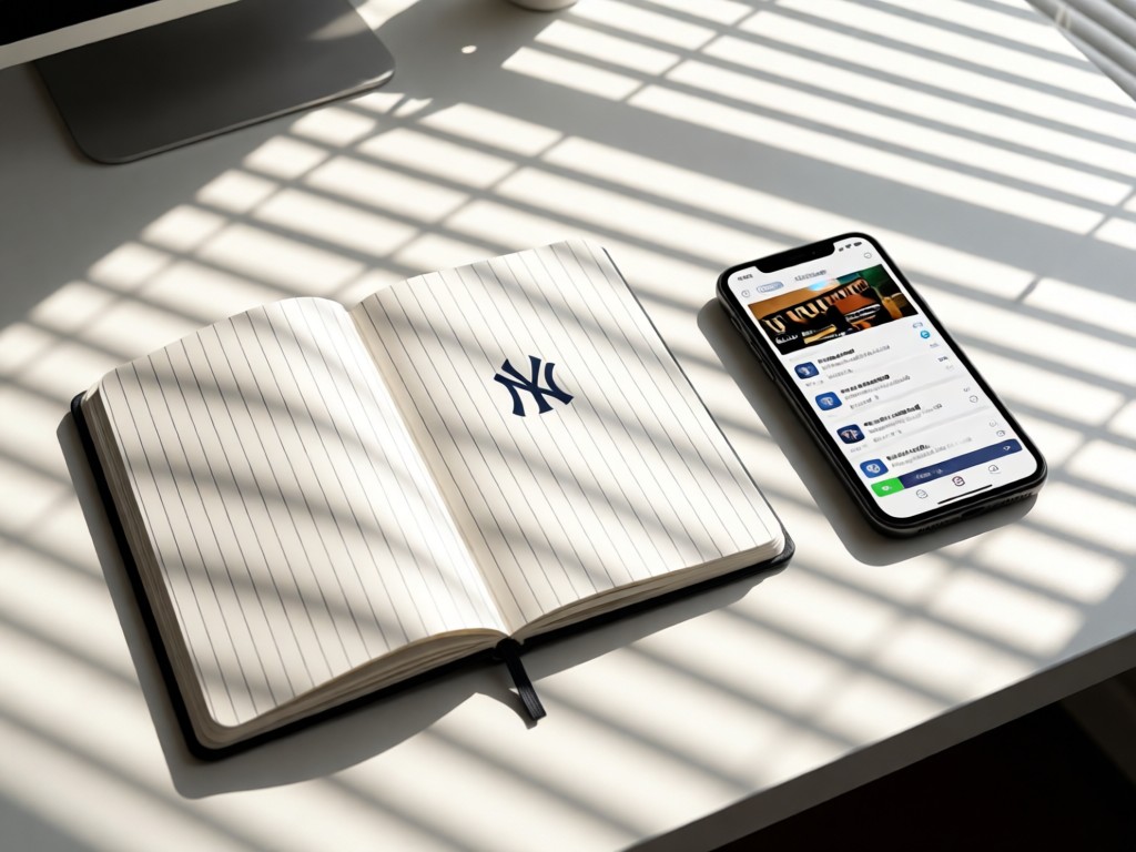 A clean desk with a pinstripe notebook open beside a smartphone showing Yankees social feeds. Soft shadows from window blinds create stripes. No people.