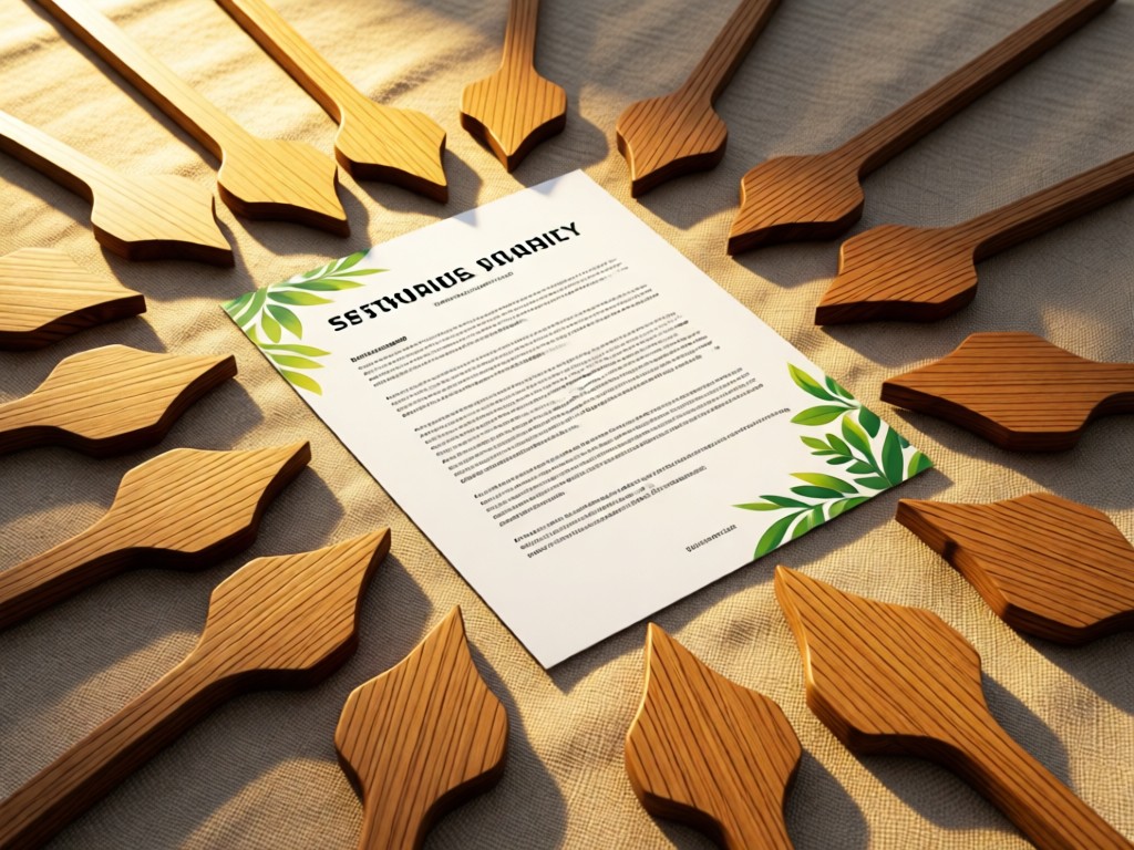 Wooden arrow pointers arranged around a sustainability report on a linen-textured surface. Golden hour light highlights the grain. Directional yet harmonious composition. No people.